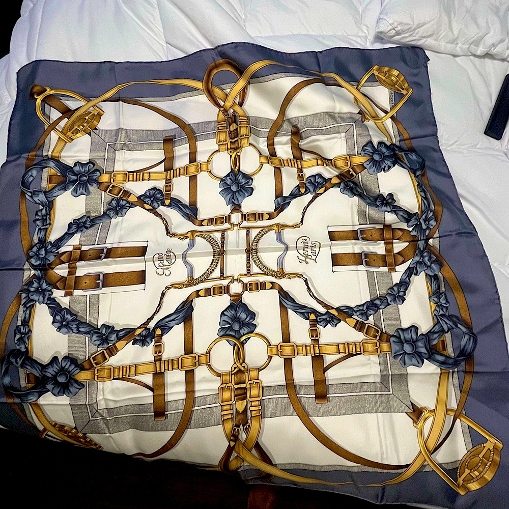 100% Authentic Hermes Gray/gold Elegant Silk Scarf with Equestrian Design